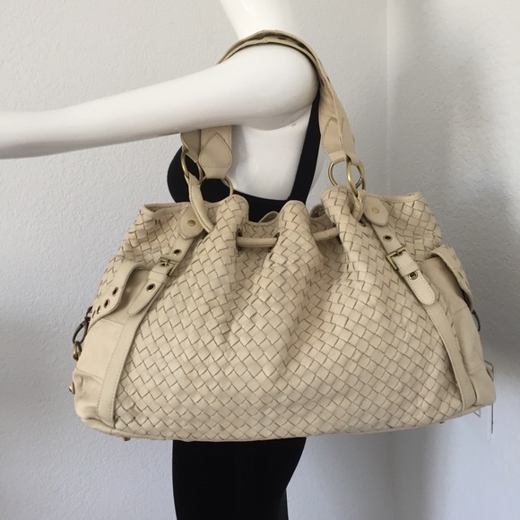 Vintage Handbags - Ivory leather woven grommets bag